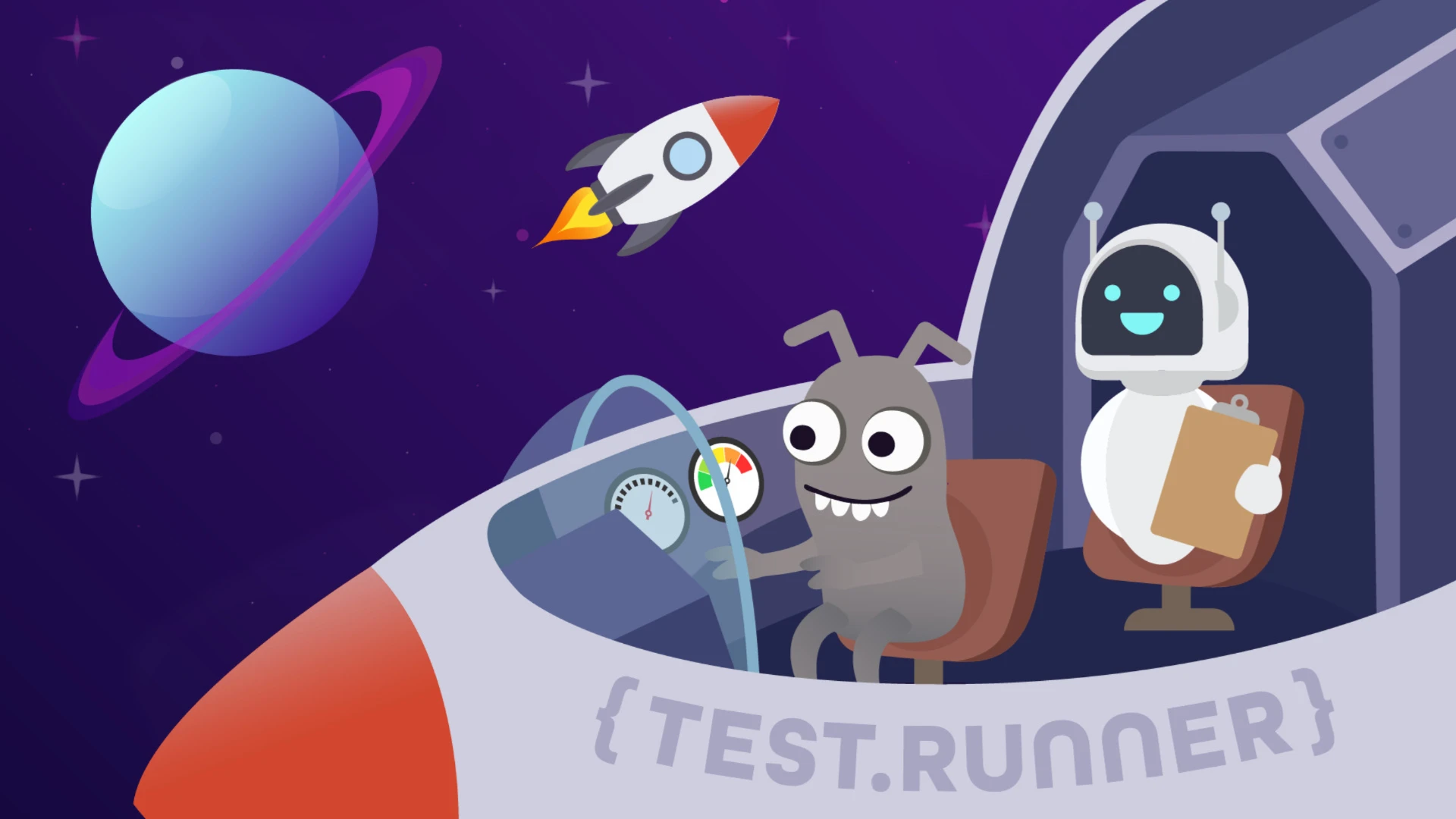 A Bug mascot and a robot flying the Test Runner spaceship